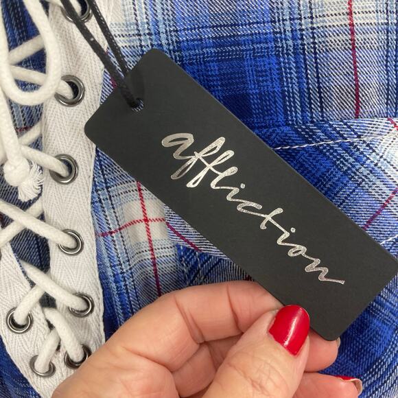 Affliction Lace Up Western Aztec Embroidered Snap Up Blue Plaid Women Small NEW - Picture 8 of 14